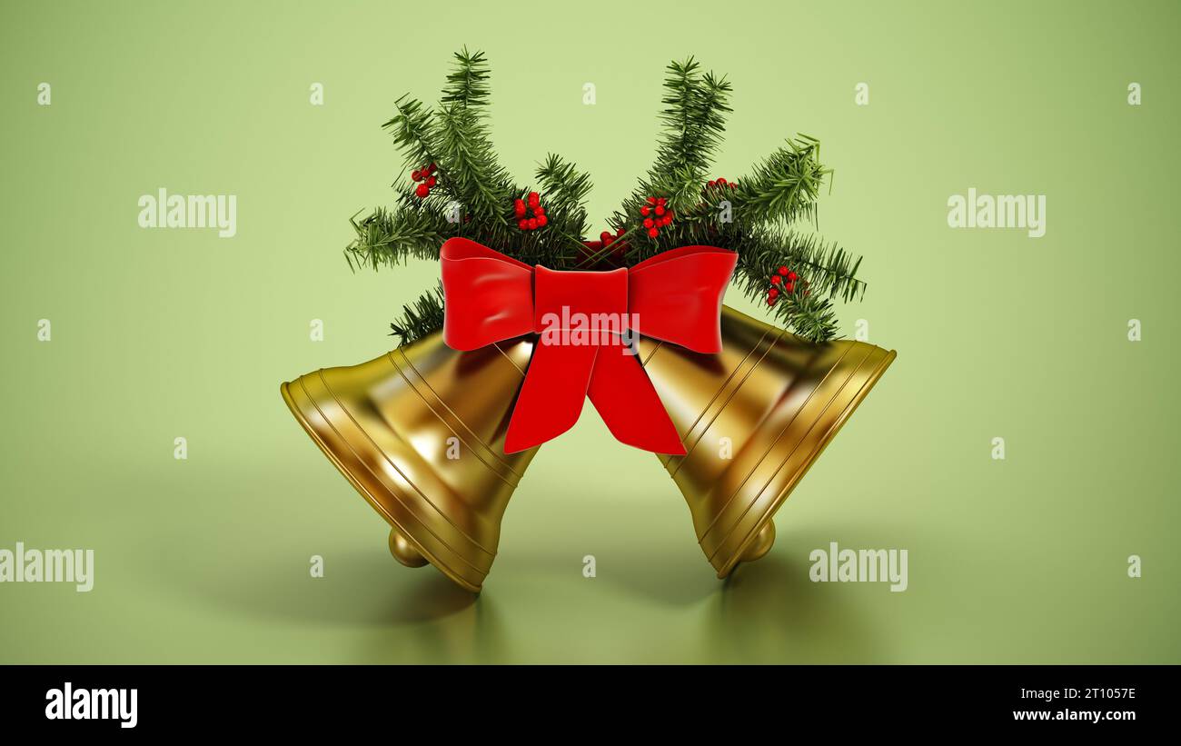 Goldene Weihnachtsglocken, rotes Band und Tannenzweige isoliert auf grünem Hintergrund. 3D-Abbildung. Stockfoto