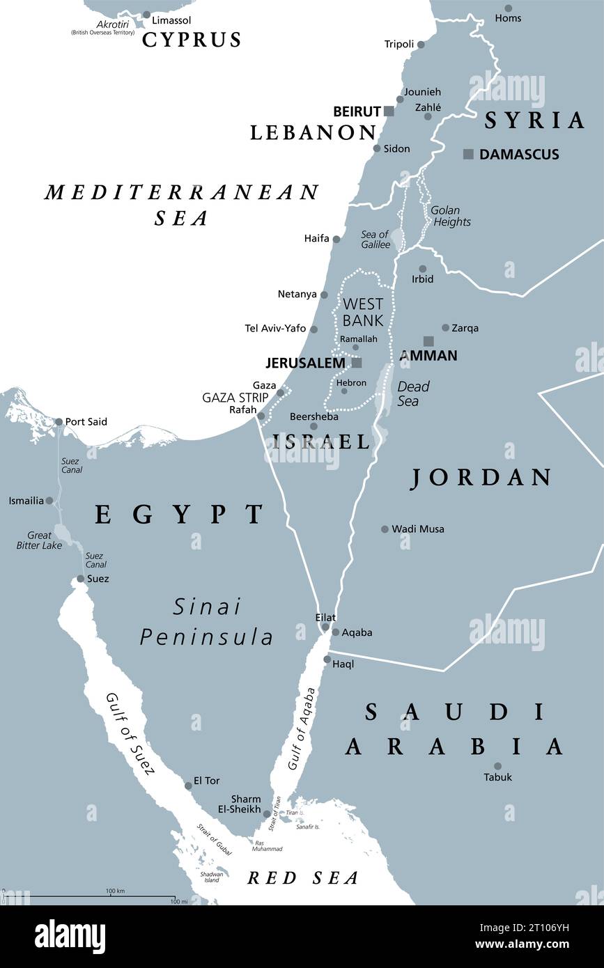 Israel und Sinai Halbinsel, graue politische Karte. Die südliche Levante umfasst Israel, Palästina, Jordanien, Libanon, Südsyrien und der Sinai. Stockfoto