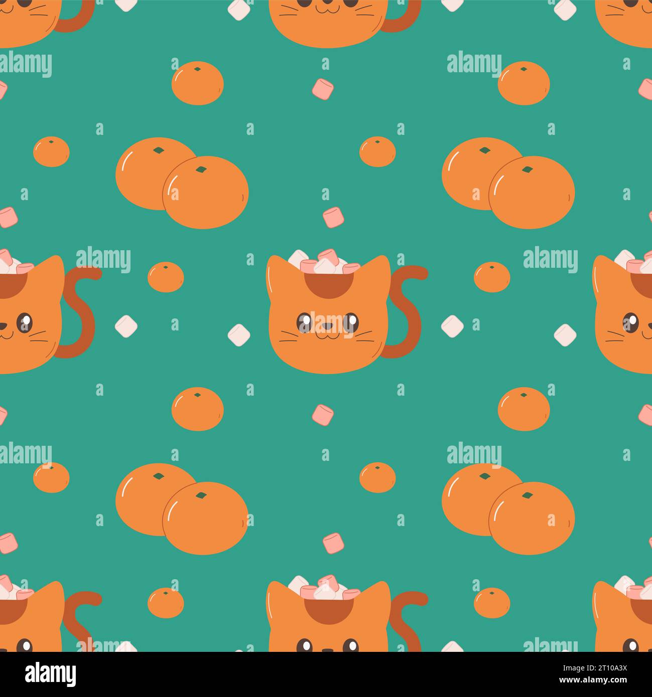Muster nahtloser süßer Becher mit Katze und Mandarine, Winter, weihnachten. Vektorabbildung Stock Vektor