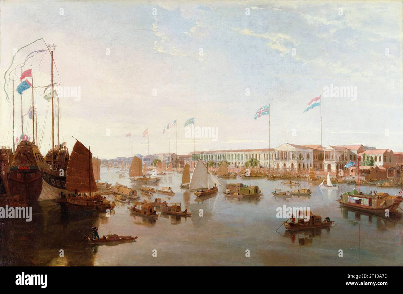The European Factories, Canton (China), Landschaftsmalerei aus dem frühen 19. Jahrhundert in Öl auf Leinwand von William Daniell, 1806 Stockfoto