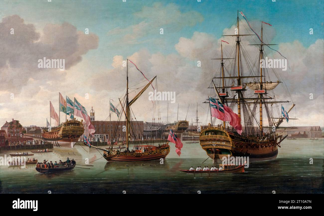 Start in Deptford. Der Start eines Kriegsschiffes man o' war in Deptford, ein Ölgemälde auf Leinwand von John Liverey dem Älteren, um 1757 Stockfoto