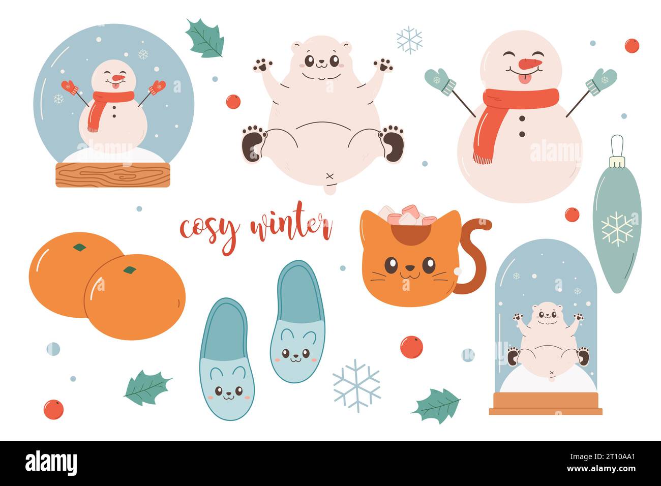 Gemütliches Winterset Clipart, Eisbär, Schneekugel, Mandarinen, Schneemann, Hausschuhe. Vektorabbildung Stock Vektor