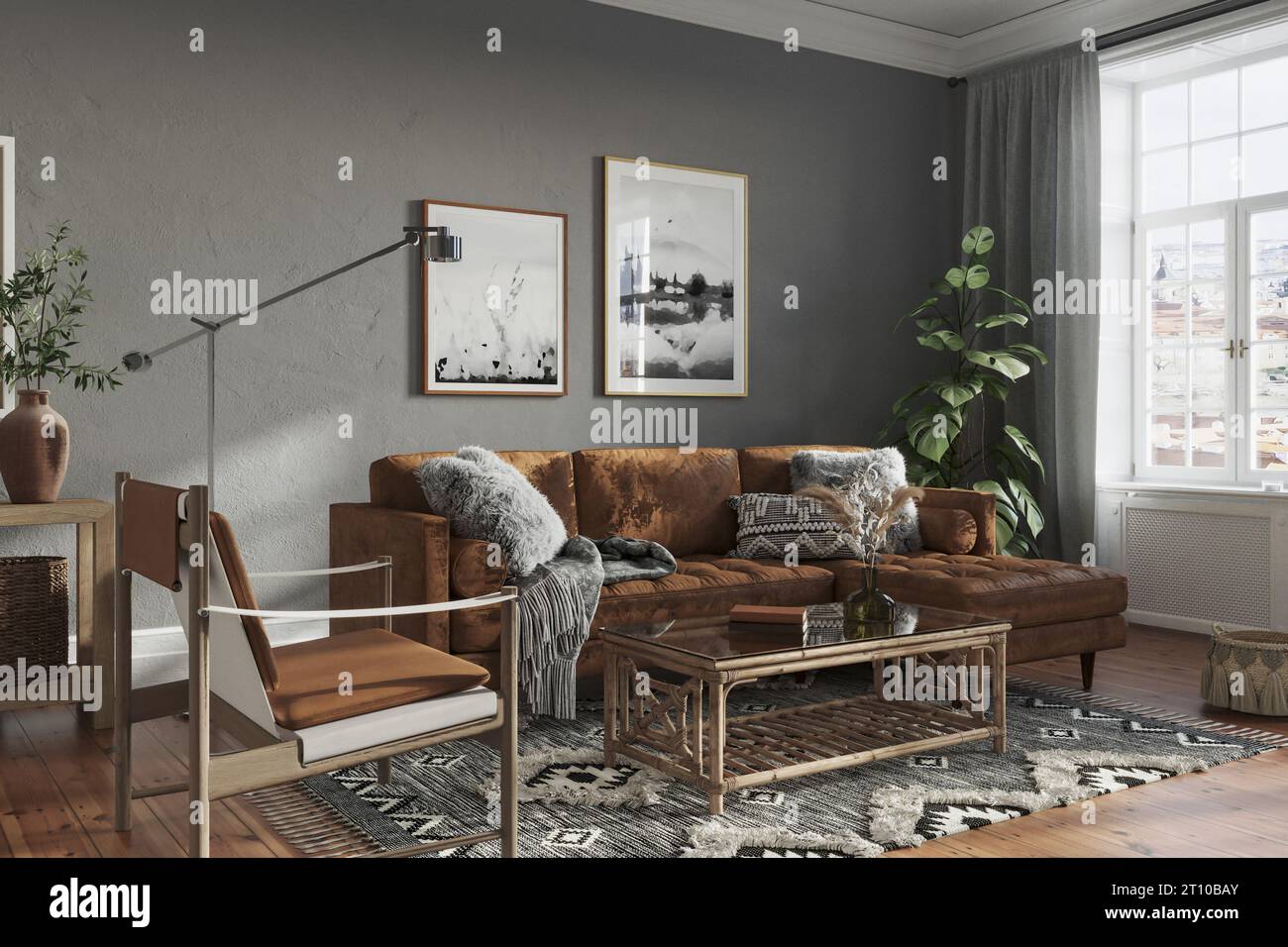 Dunkle Wohnzimmereinrichtung, graue Wand, Hartholzboden, gemütliche Möbel, Sofa, Sessel. Modellerstellung Konzept, 3D-Rendering Stockfoto