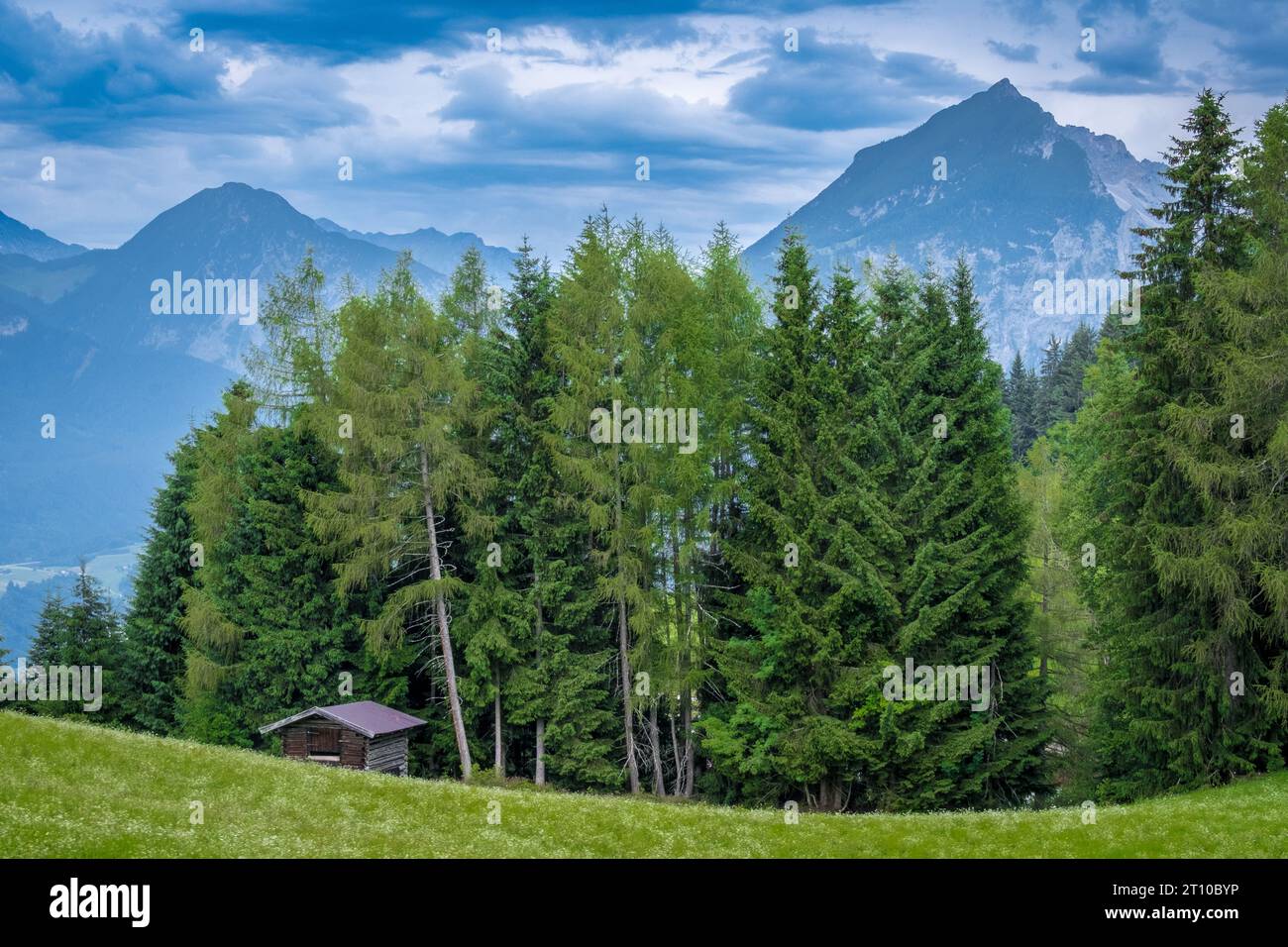 Hölzerne Berghütte, abfallende grüne Felder, ein Wald mit hohen Bäumen und majestätische Berge in Reith im Alpbachtal, Alpbachtal, Tirol, Österreich. Stockfoto