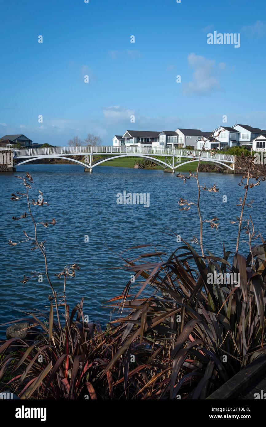 Häuser am See im modernen Vorort Karaka, Auckland, Nordinsel, Neuseeland Stockfoto