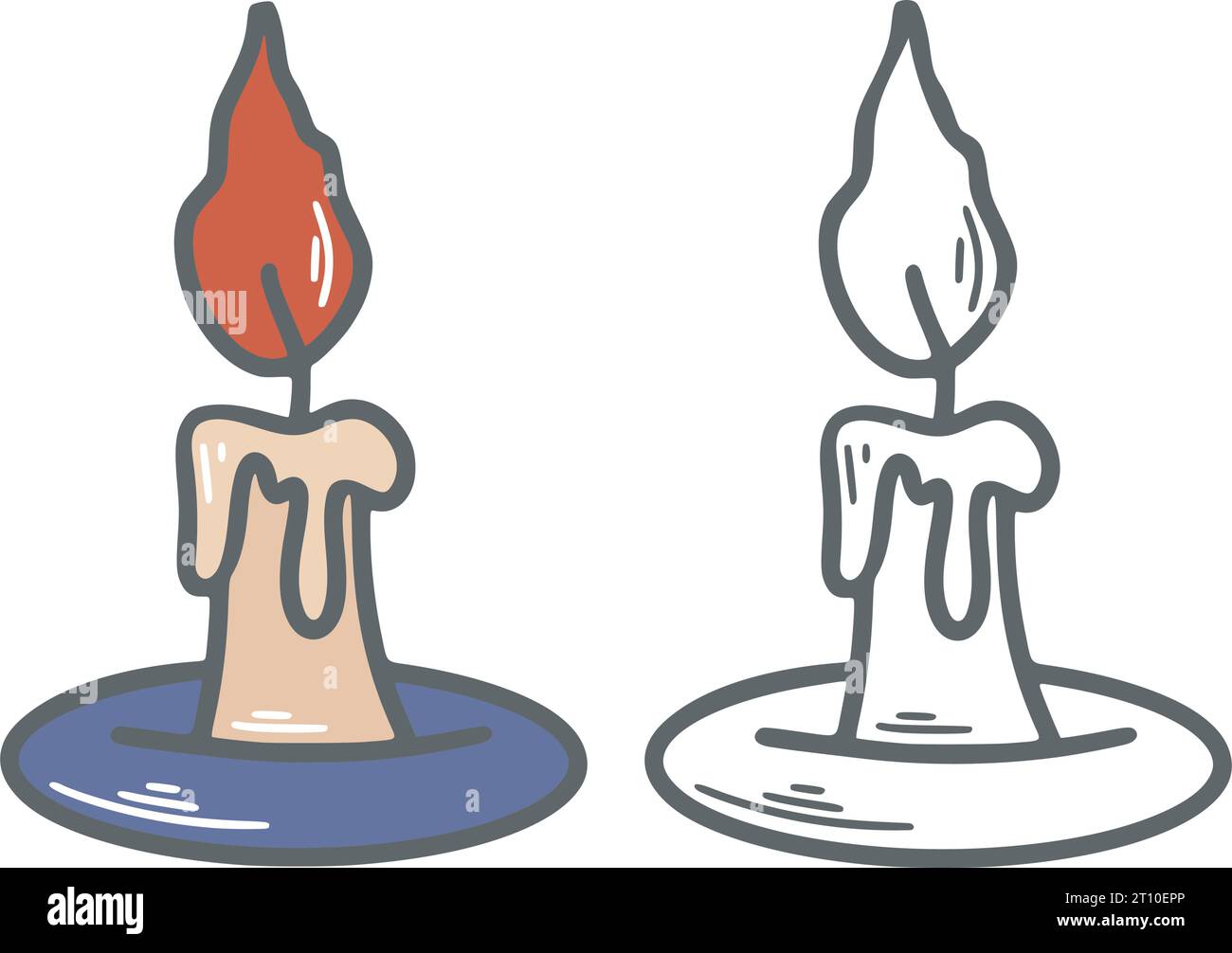 Stellen Sie die handgezeichnete Kerze in Tinte und Farbe. Brennende Kerze einfache Kritzelskizze, isolierte Vektorillustration. Clip Art Flamme Stock Vektor