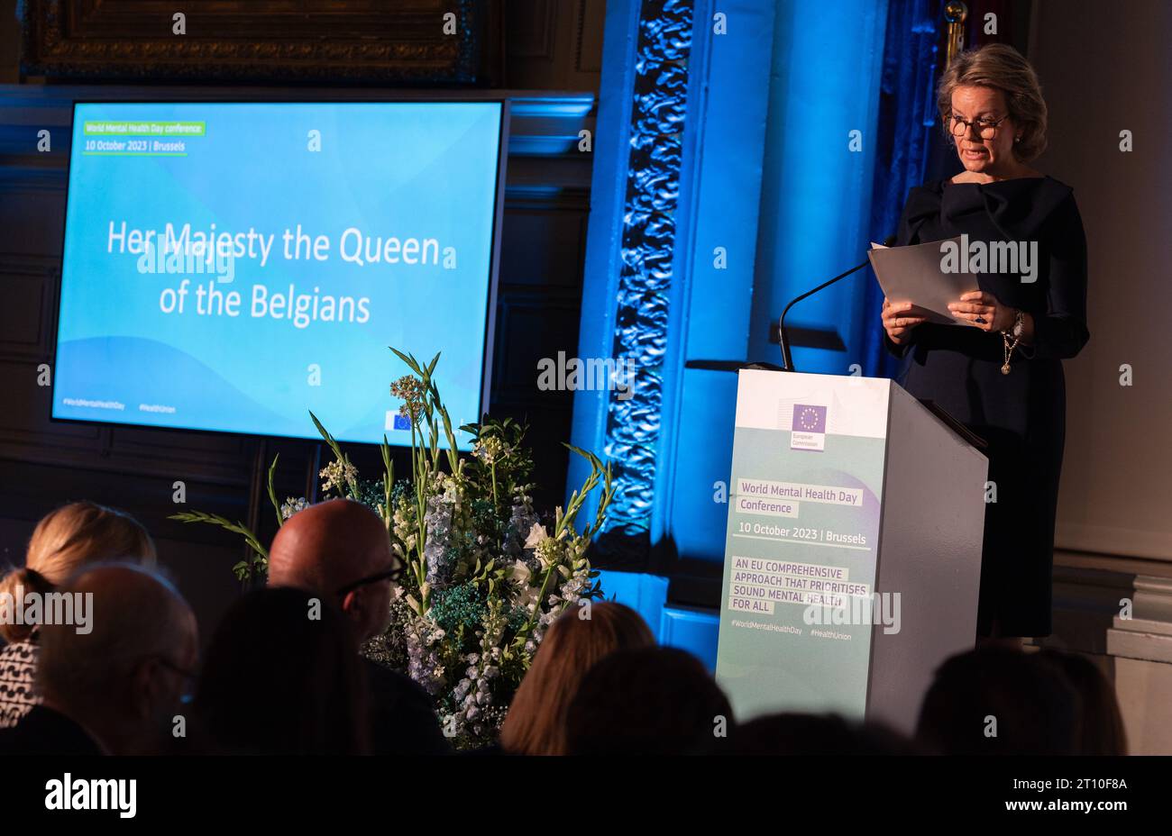 Königin Mathilde von Belgien hält eine Rede bei einem königlichen Besuch auf der Konferenz „an EU Comprehensive Approach that Prioritises gesunden psychischen Gesundheit for all“, die von EU-Kommissar KYRIAKIDES im Rahmen des Internationalen Tages der psychischen Gesundheit am Dienstag, den 10. Oktober 2023, in Brüssel organisiert wurde. BELGA FOTO BENOIT DOPPAGNE Stockfoto