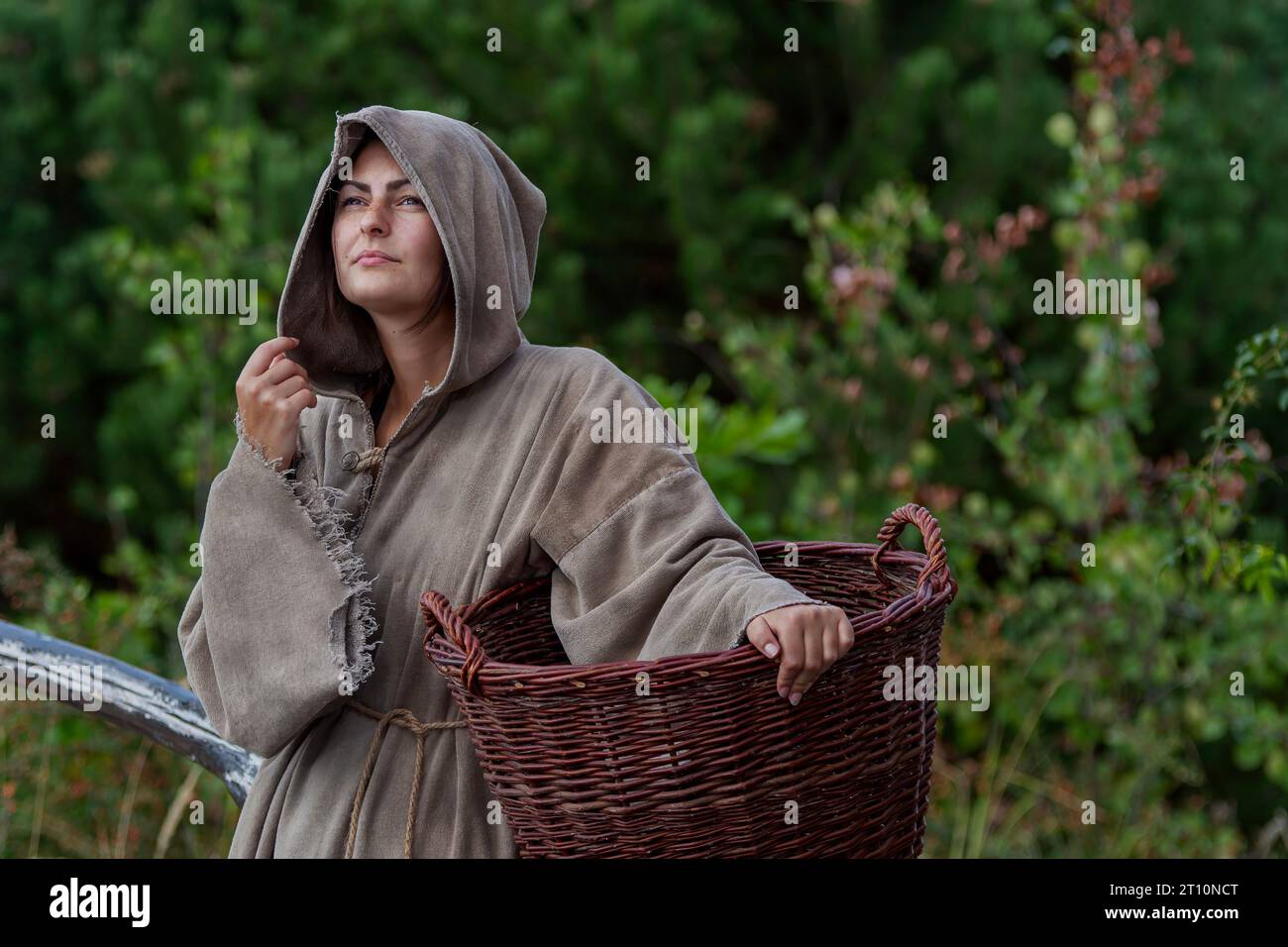 Mittelalterlicher Sammler mit Korb im Wald Stockfoto