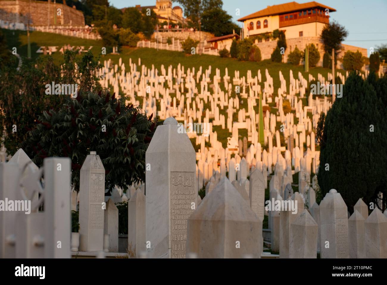 Die Ruhe auf Sarajevos Soldatenfriedhof bei Sonnenuntergang. Reihe um Reihe stiller Wächter stehen Wache, gebadet in den warmen Tönen der untergehenden Sonne. Stockfoto