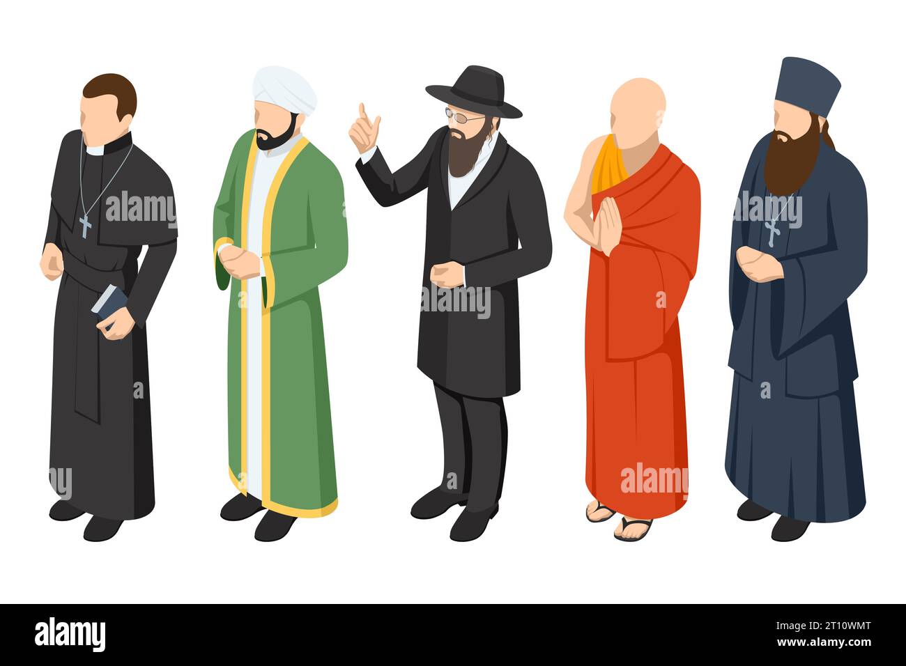 Isometrische Gruppe von Religionsleuten. Katholischer Priester, buddhistischer Mönch, christliche Priester, Patriarchen, Rabbiner judaist, muslimischer Mullah. Religion und ITS Stock Vektor