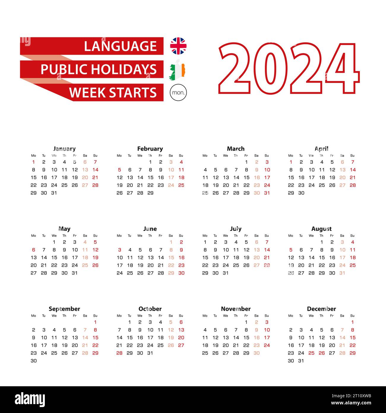 Kalender 2024 in englischer Sprache mit Feiertagen das Land Irland im Jahr 2024. Die Woche beginnt am Montag. Vektorabbildung. Stock Vektor
