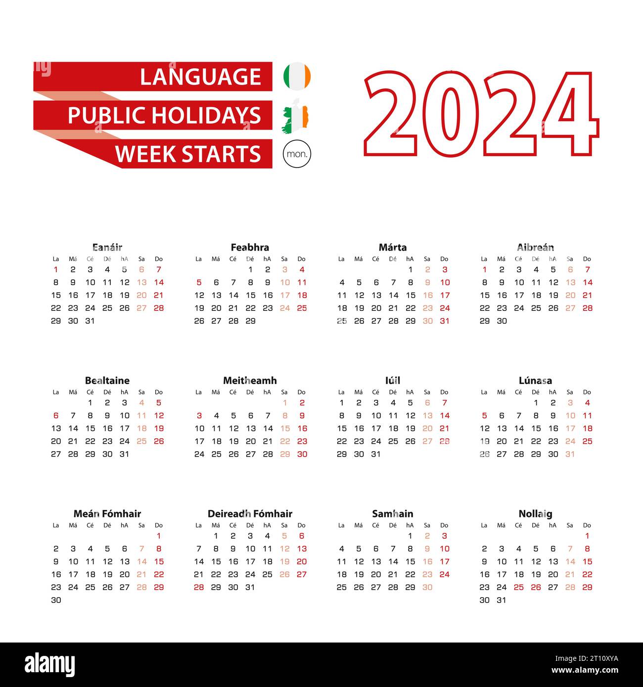 Kalender 2024 in irischer Sprache mit Feiertagen das Land Irland im Jahr 2024. Die Woche beginnt am Montag. Vektorabbildung. Stock Vektor