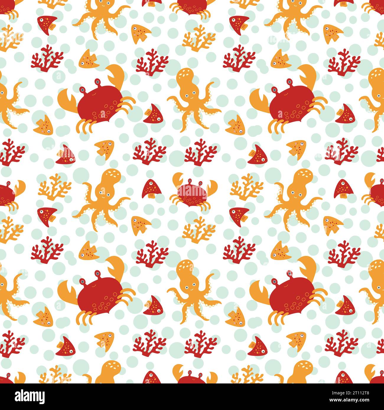 Nahtloses Muster mit Meerestieren. Rote Krabbe, Oktopus im Ozean zwischen Algen auf weißem Hintergrund. Vektorabbildung. Design für Kinder doug Stock Vektor
