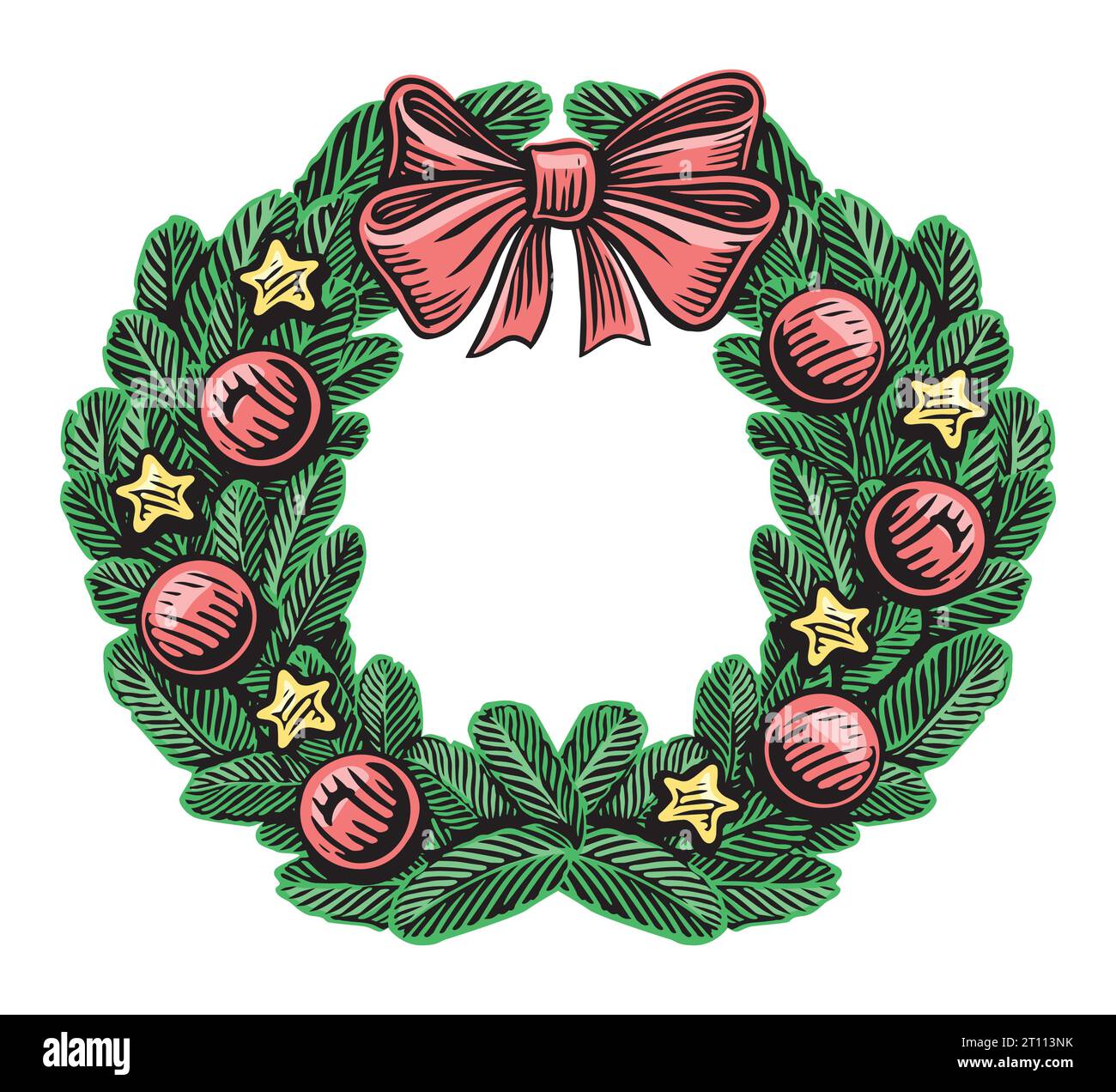 Weihnachtskranz mit Tannenzweigen, Kugeln und Bogen isoliert. Vektorillustration für Feiertagssymbol Stock Vektor