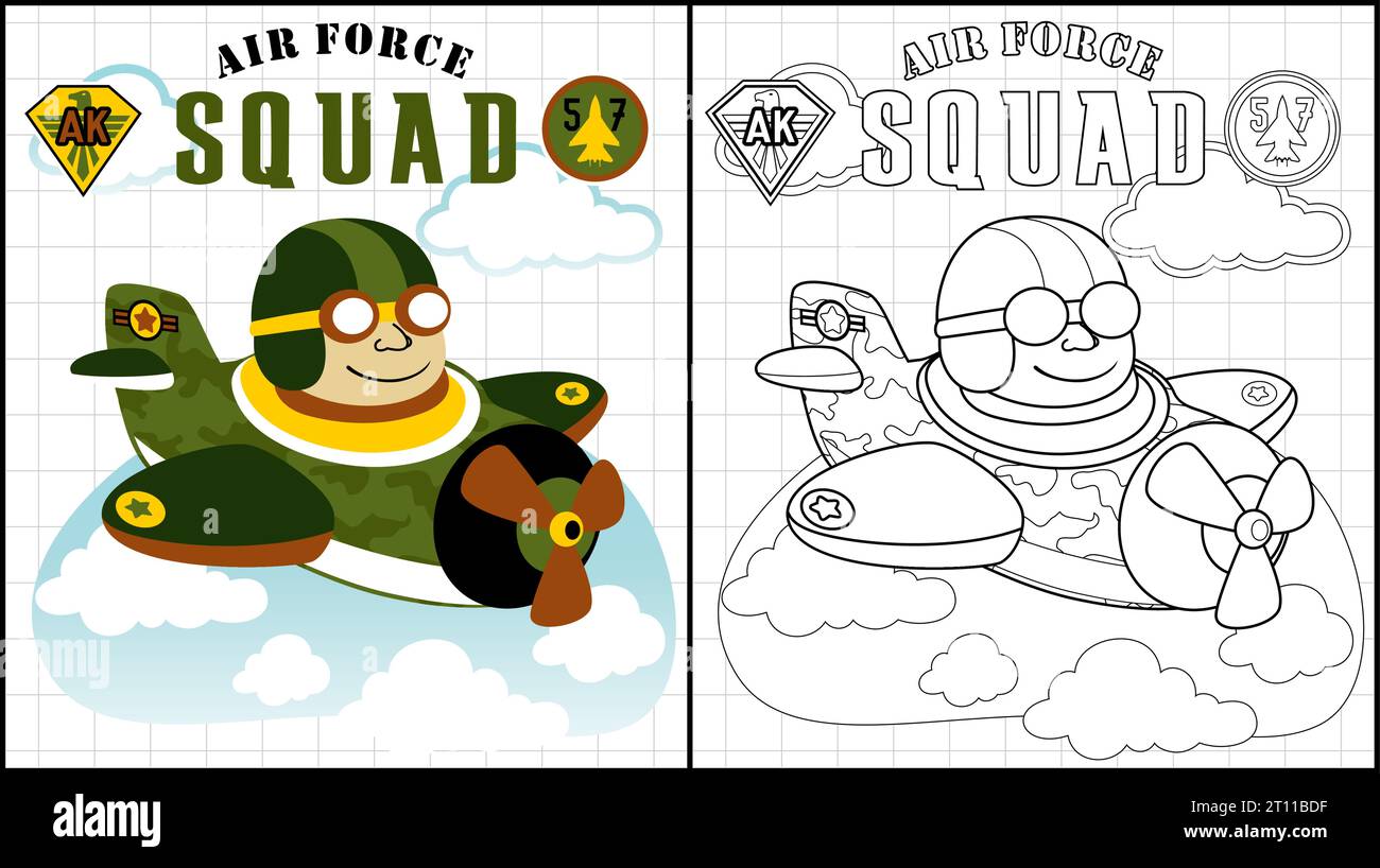 Malbuch des Militärflugzeugs auf blauem Himmel Hintergrund Stock Vektor