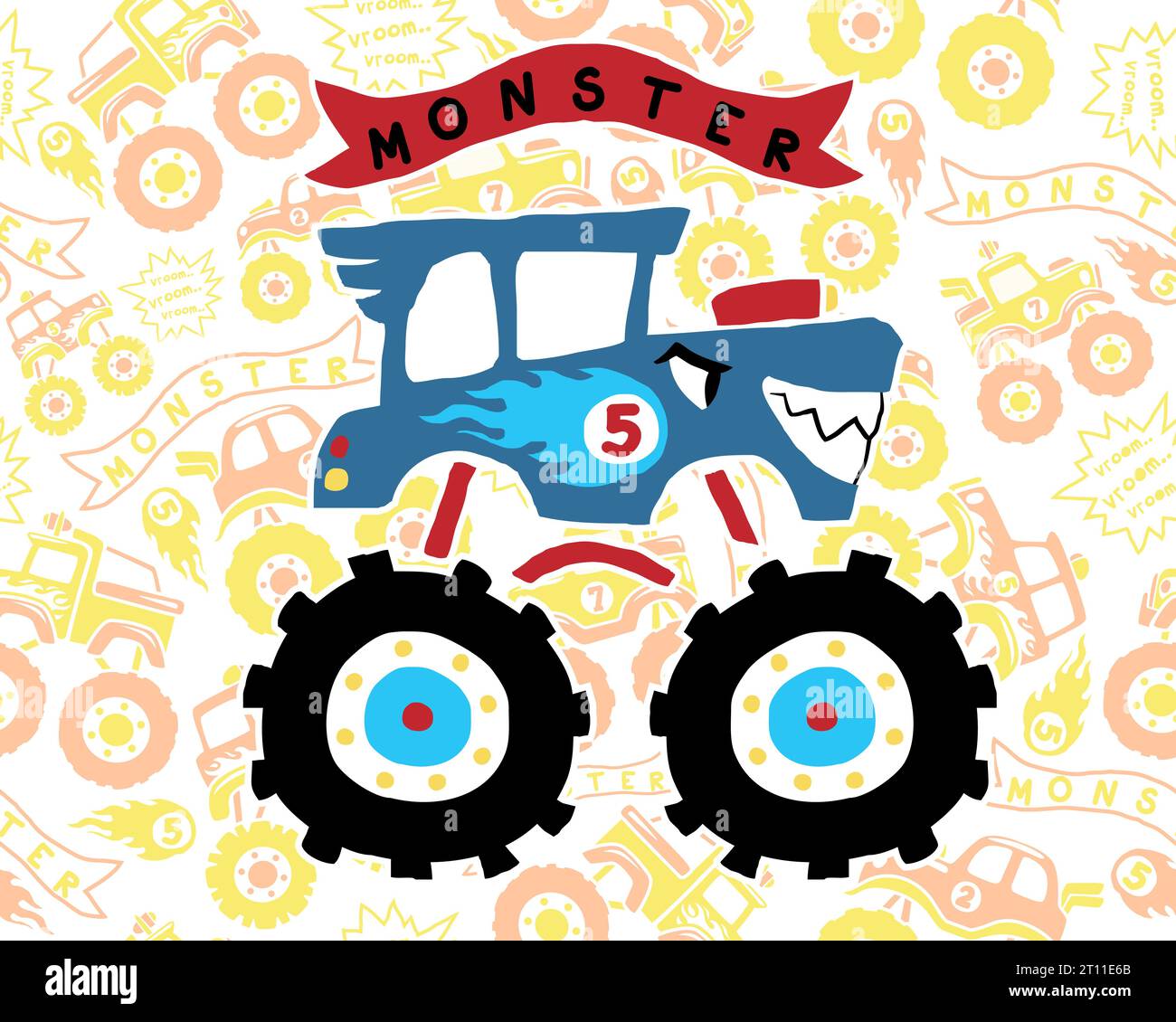 Vektor der Monster Truck Cartoon auf nahtlose Muster Trucks Elemente Hintergrund Stock Vektor