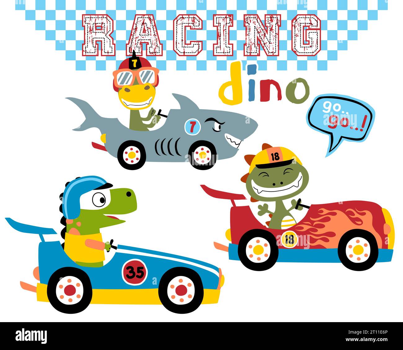 Vektorsatz von Dinosauriern Cartoon fahrend Rennwagen Stock Vektor