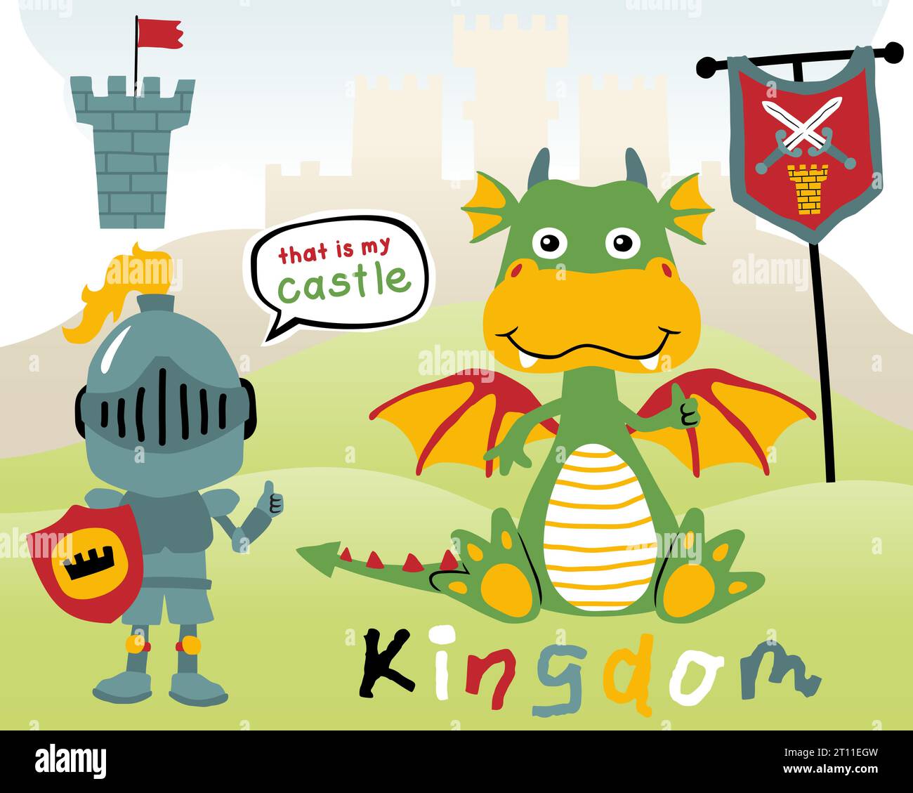 Vektor des lustigen Drachen-Zeichentrickfilms mit einem kleinen Ritter, der Schild auf Schlosshintergrund hält Stock Vektor
