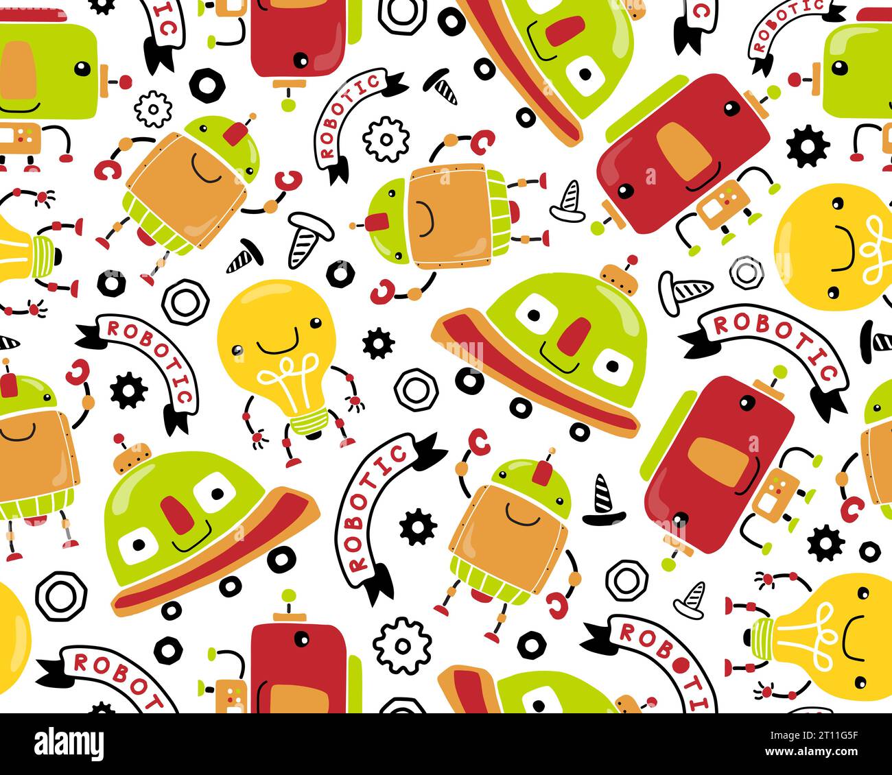 Nahtloser Mustervektor von Hand gezeichneter lustiger Roboter-Cartoon mit Roboter-Element Stock Vektor