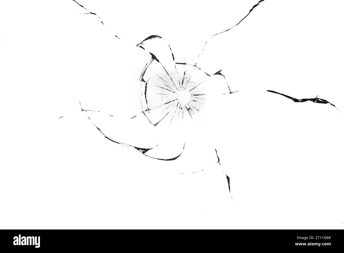 Kugelloch im Glas Nahaufnahme auf weißem Hintergrund Stockfoto