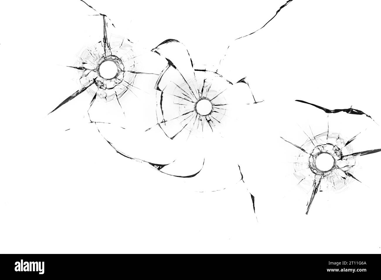 Schusslöcher im Glas in Nahaufnahme auf weißem Hintergrund Stockfoto