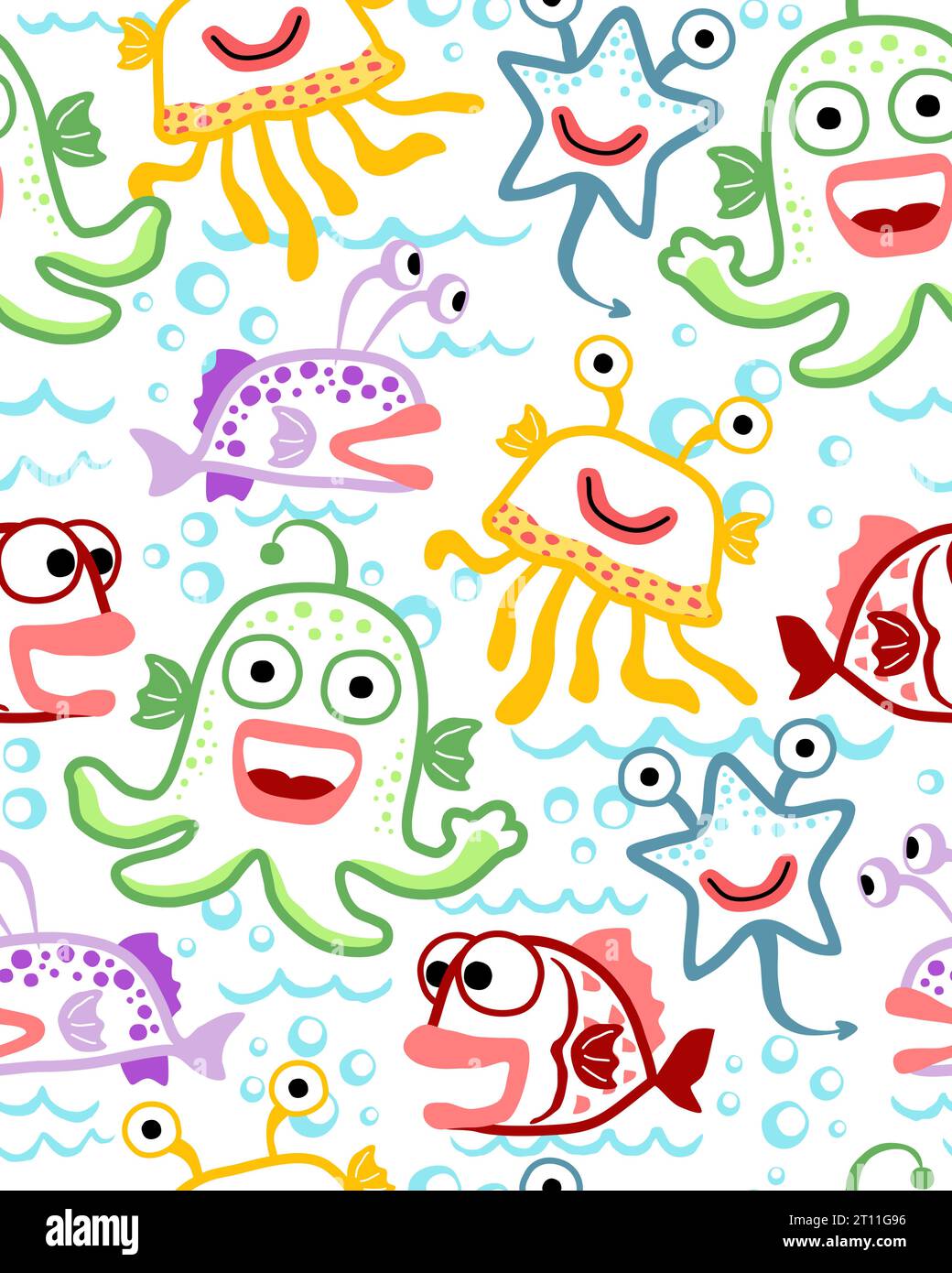 Nahtloser Mustervektor mit Unterwasser-Doodle-Monster-Cartoon Stock Vektor