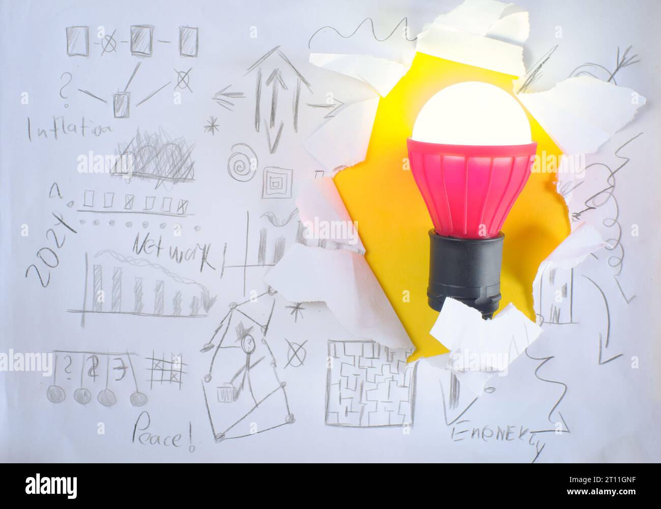 Glühlampe im Inneren des Lochpapiers mit Kritzeleien und Fragezeichen für kreatives Denken, Idee, Innovation, Geschäftskonzept Stockfoto
