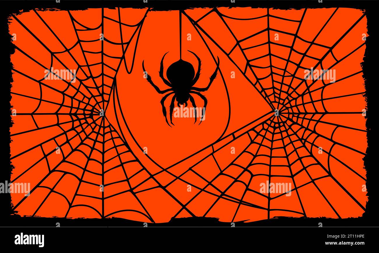 Hintergrund mit Silhouetten aus rundem schwarzem Spinnennetz und gerahmter Spinne. Vektor-Silhouette, Elemente für Halloween-Design. Stock Vektor
