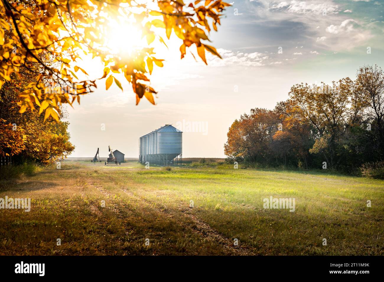 Herbstszene auf einem Bauernhof mit Getreidesilos und landwirtschaftlichen Geräten während der Herbsternte in einer Prärienlandschaft im Kneehill County Alberta Kanada. Stockfoto