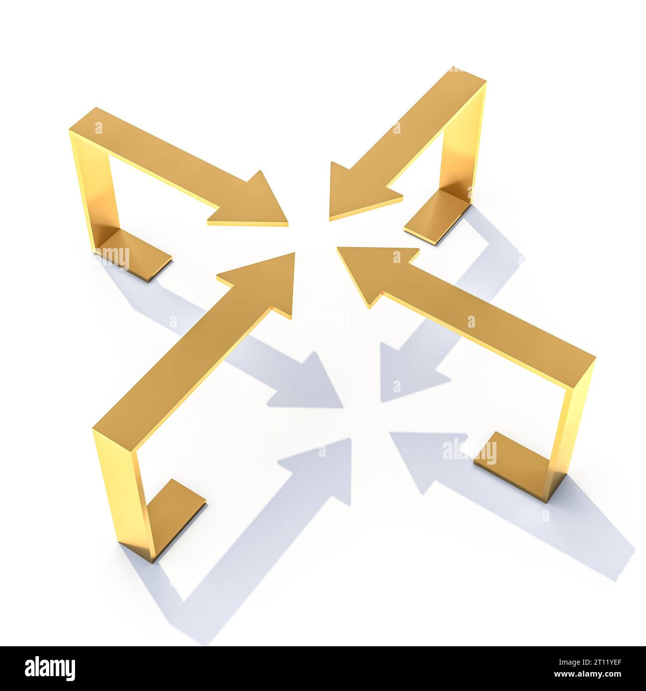 Goldene Pfeile, die mit sichtbaren Schatten zusammenlaufen. 3D-Rendering Stockfoto