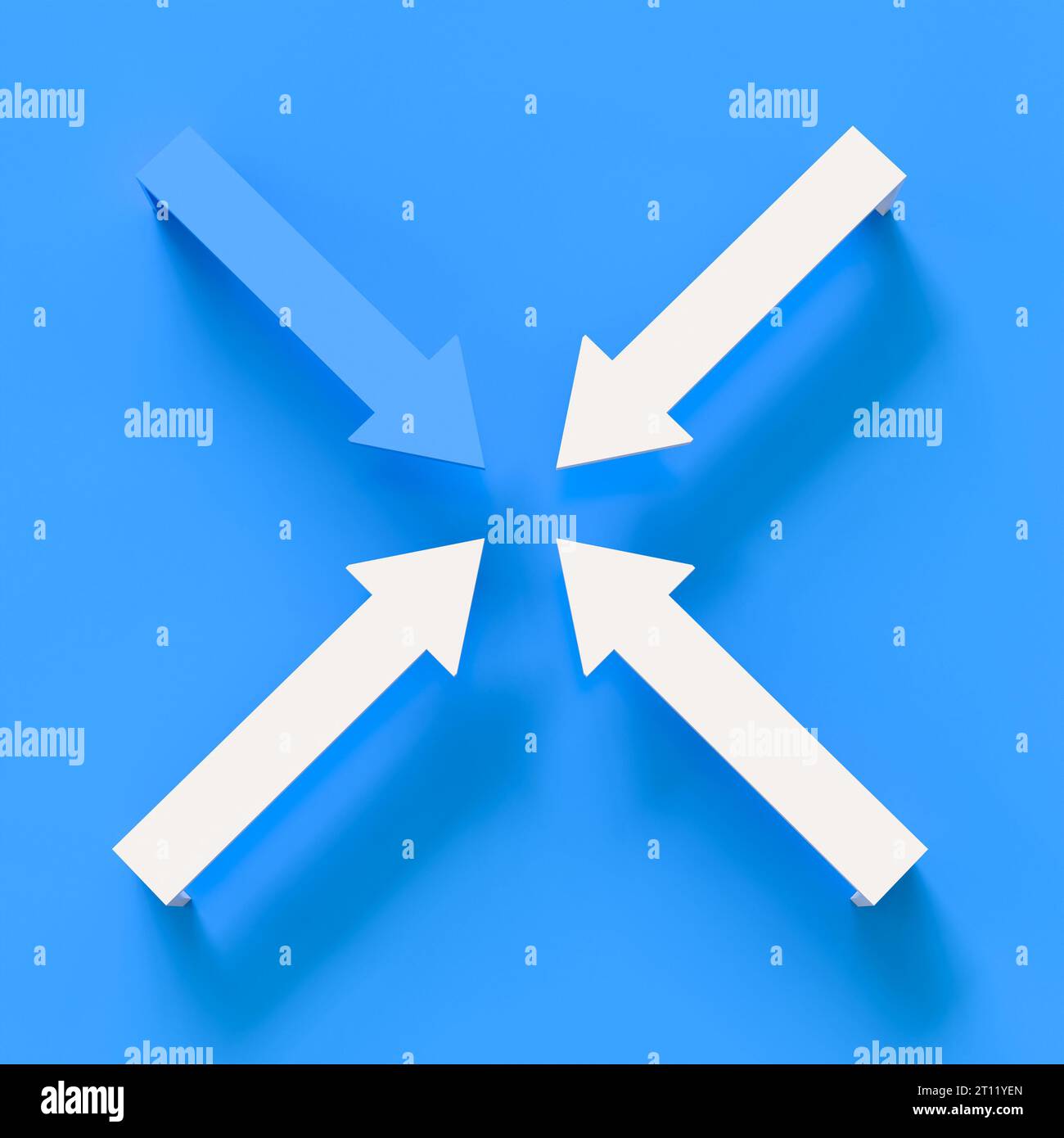 Weiße und blaue Pfeile konvergieren. 3D-Rendering Stockfoto