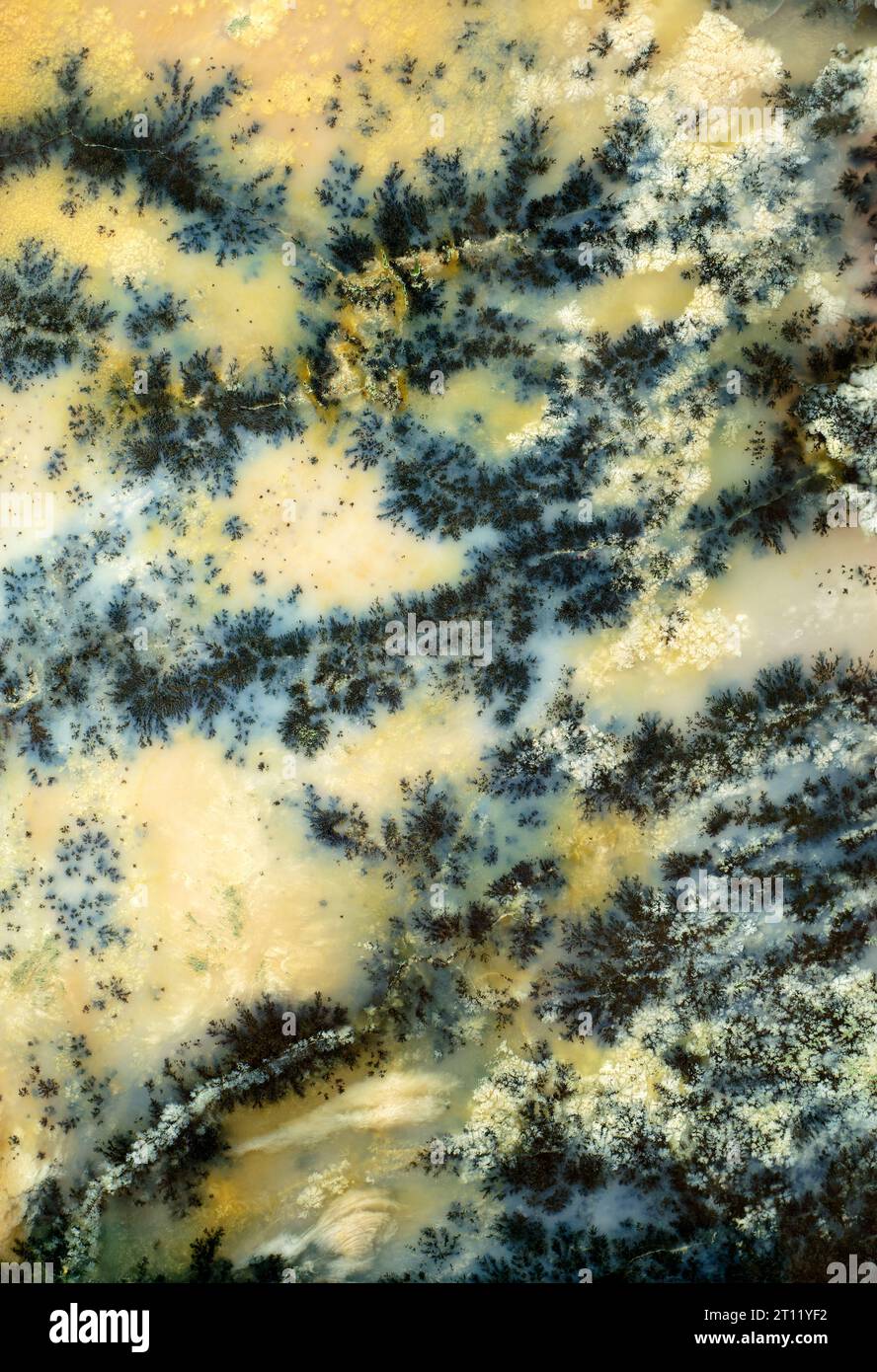 Oberfläche aus schönem dekorativen Stein, natürliches abstraktes Muster aus schwarzen, blauen und gelben Streifen, Linien, Rissen, Flecken und Flecken Stockfoto
