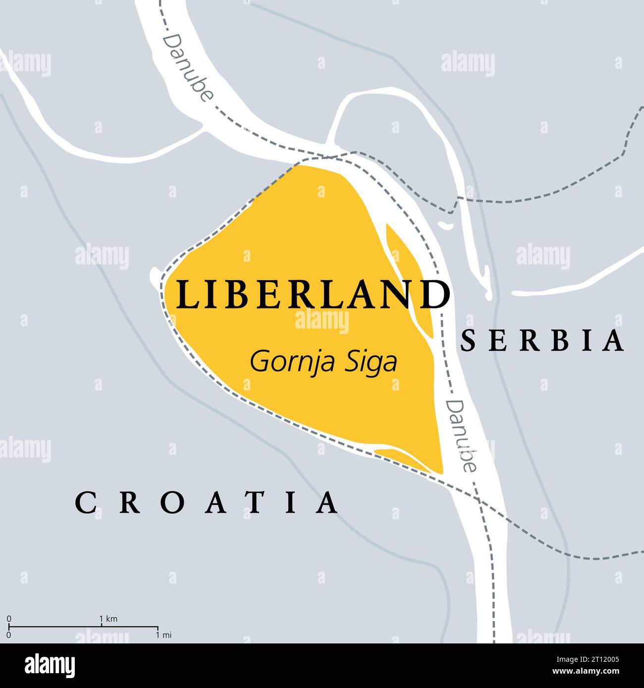 Freie Republik Liberland, politische Karte. Unerkannte Mikronation in Europa, die unbewohnte umstrittene Land an der Donau zwischen Kroatien und Serbien beansprucht. Stockfoto