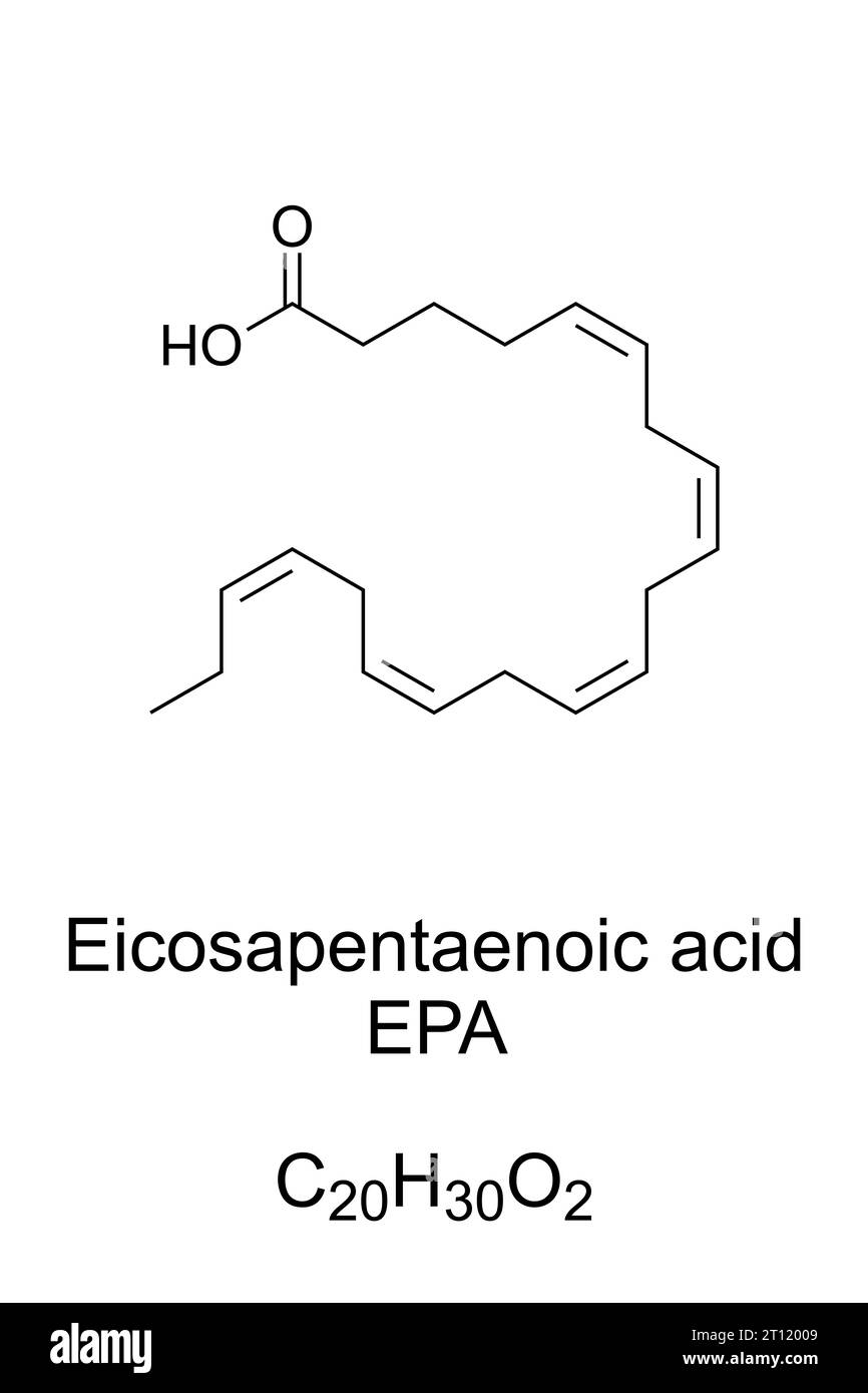 Eicosapentaensäure, EPA, chemische Formel. Timnodonsäure, mehrfach ungesättigte Omega-3-Fettsäure, die in fettem Fisch, essbaren Algen und Muttermilch enthalten ist. Stockfoto
