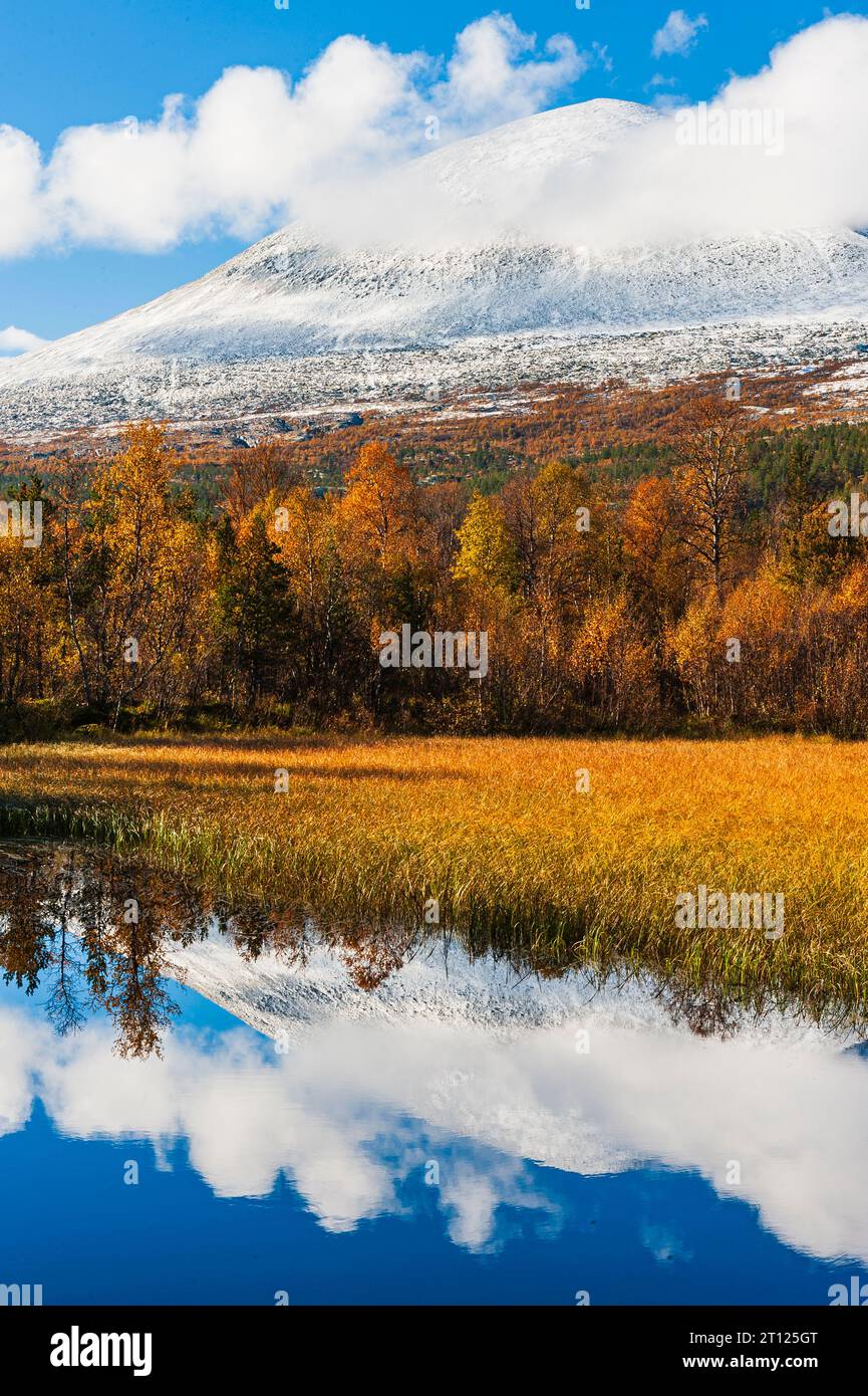 Schneebedeckte Berge spiegeln sich in einem ruhigen See inmitten von Herbstbäumen. Stockfoto