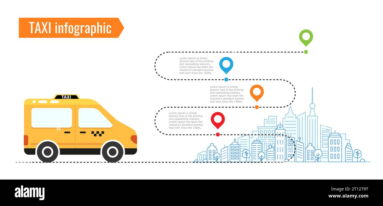 Taxifahrt. Symbol für Taxi, Auto und Karte. Blauer, grüner, oranger, weißer und schwarzer Vektor. Straße. Grafik. Stock Vektor