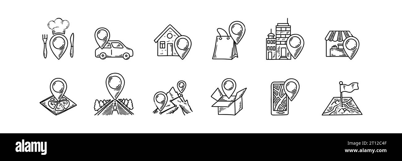 Pin-Doodle-Symbole zuordnen. Set aus Restaurant, Auto-Service, Büro, Geschäft, zu Hause, Standort des Krankenhauses. Bergtour. Handgezeichnete Skizzen-Vektor-Illustrationen Stock Vektor