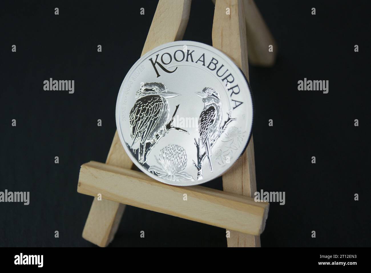 1 Dollar australischer Kookaburra 2023. Australische Investmentmünze auf Staffelei. Investitionen und Numismatik. Stockfoto