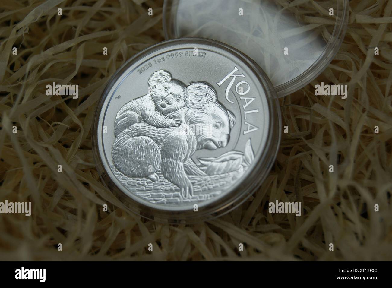 1 Dollar australischer Koala 2023. Australische Silbermünze in Kapsel. Stockfoto