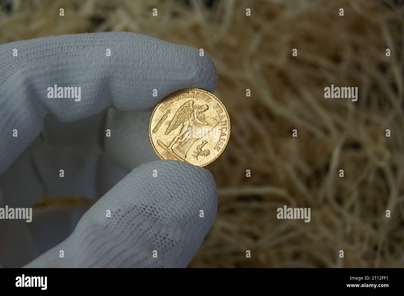 Eine alte französische Goldmünze in der Hand eines Numismatikers. 20 Francs 1885. Hochwertige Fotos. Stockfoto