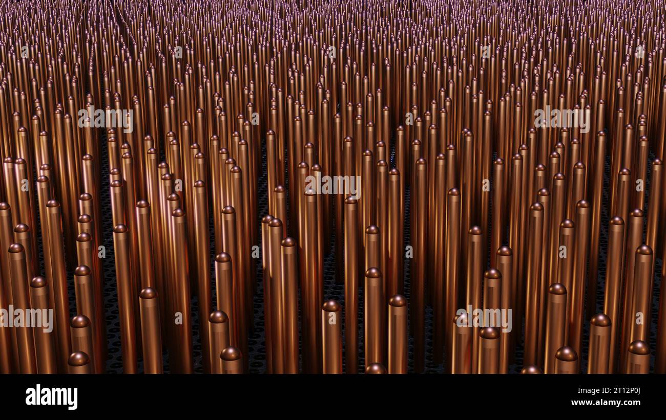 Array aus Kupfer-Nanodrähten. Kupfer-Nanoroden. Hunderte von winzigen Kupferzylindern, Stäben, Rohren. 3D-Rendering-Abbildung. Stockfoto