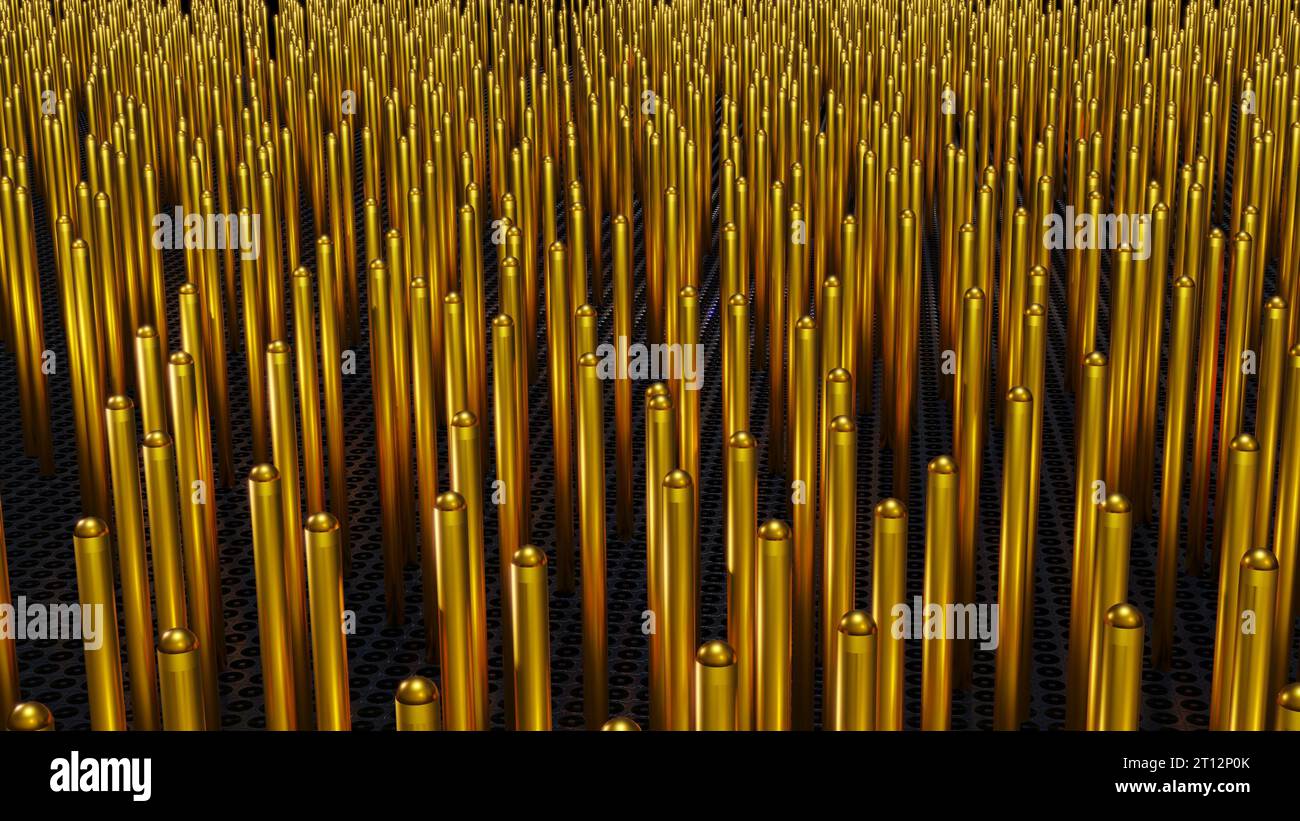 Array von Gold-Nanodrähten. Goldnanorods. Hunderte von winzigen goldenen Zylindern, Stäben, Rohren. 3D-Rendering-Abbildung. Stockfoto