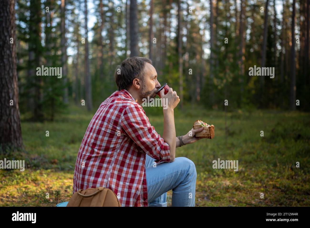 Mann Wanderer trinkt Tee aus der Tasse, isst Sandwich während der Wanderung im Wald und hält für eine Pause an Stockfoto