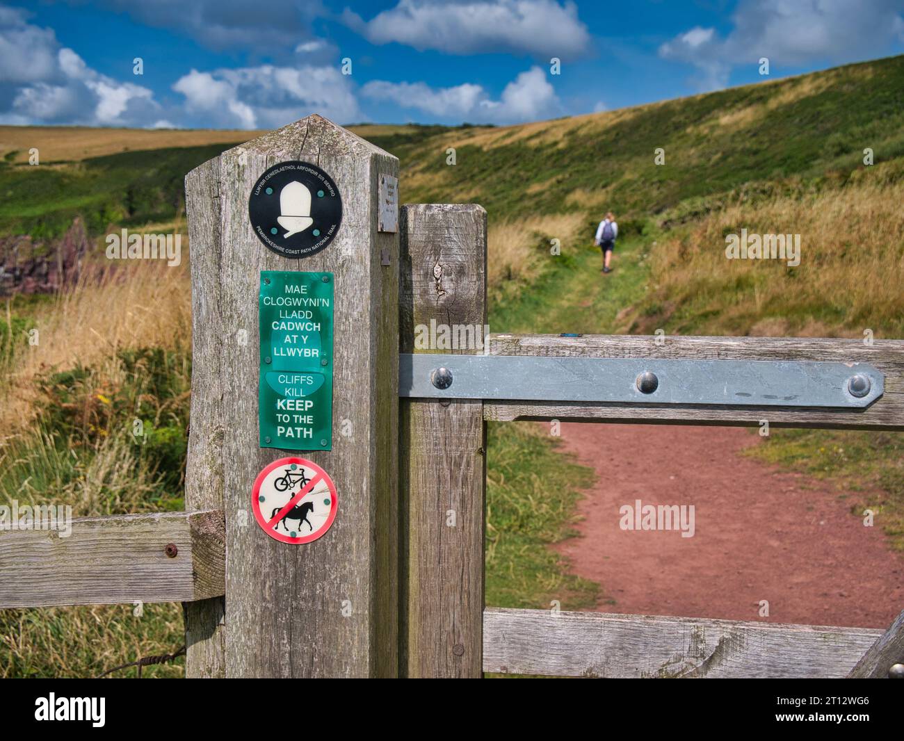 Zweisprachige Beschilderung an einem Holztor auf Walisisch und Englisch, die Wanderern auf dem Pembrokeshire Coast Path in Wales, Großbritannien, Informationen gibt. Ein einzelner Geher A Stockfoto