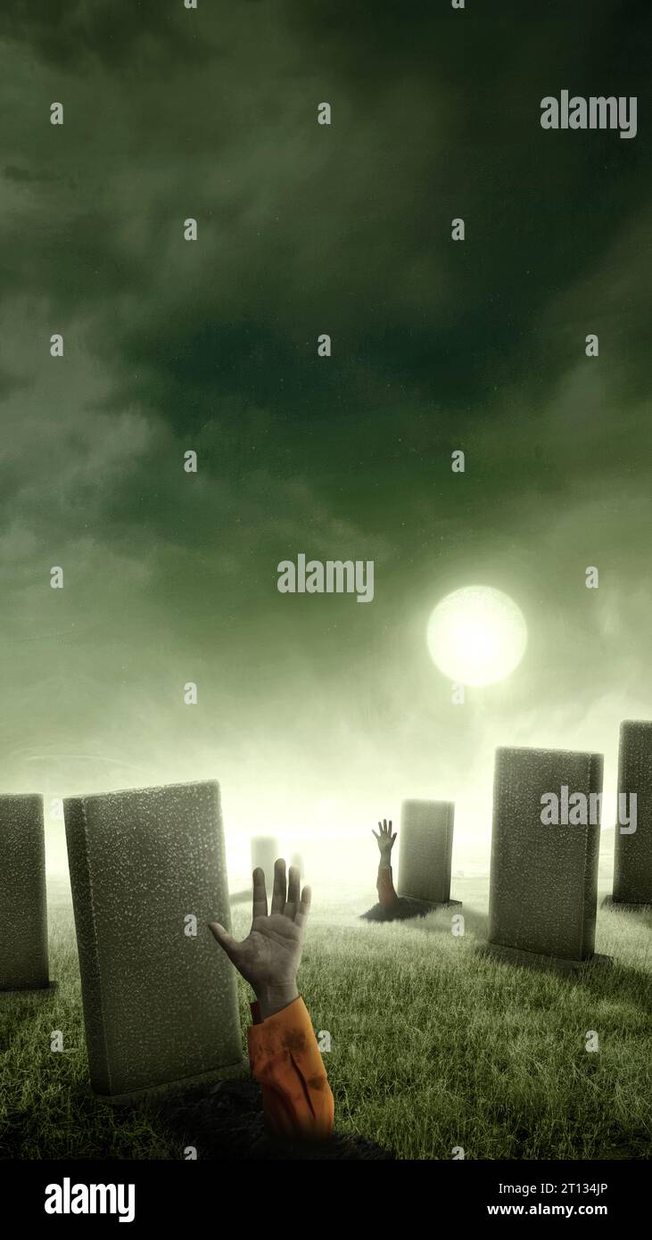 Zombiehände mit Wunden erheben sich auf dem Friedhof mit Vollmond-Hintergrund. Gruseliges Halloween-Konzept Stockfoto