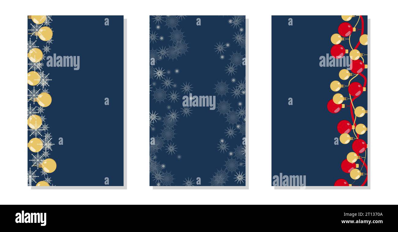 Hintergrund in sozialen Netzwerken Geschichten Winterthema. Weihnachtskugeln goldrot und Schneeflocken. Vertikale Hintergrundvorlage. Insta Style Elemente der Natur. Vektorabbildung. Stock Vektor