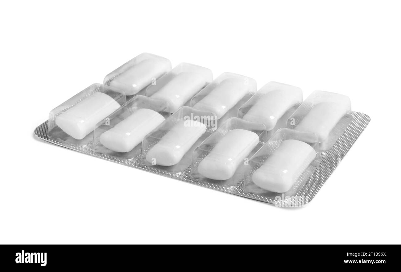 Blisterpackung von Kaugummi isoliert auf weiß Stockfoto
