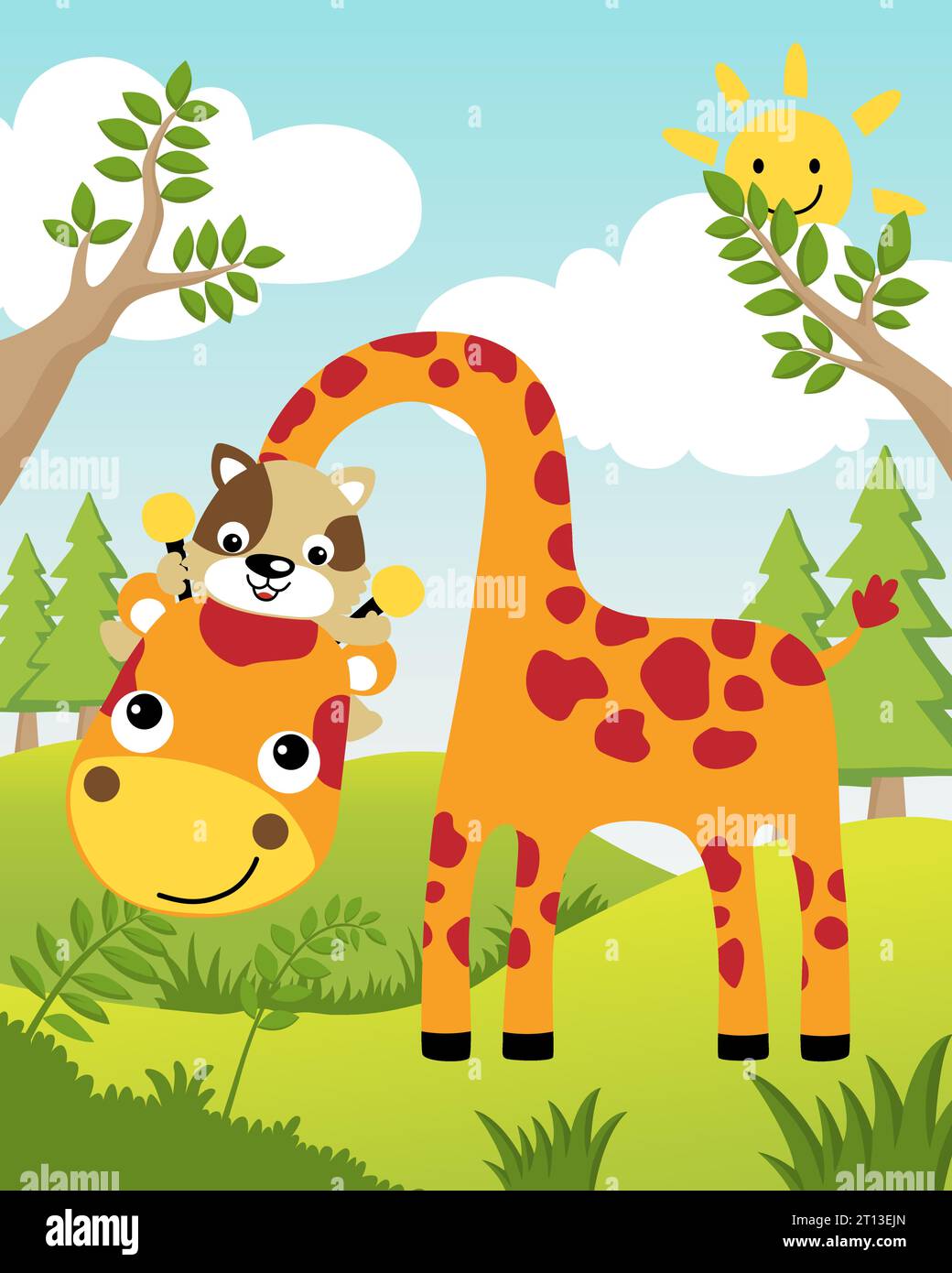 Cartoon der lustigen Katze, die auf dem Hals der Giraffe im Dschungel auf blauem Himmel reitet Stock Vektor