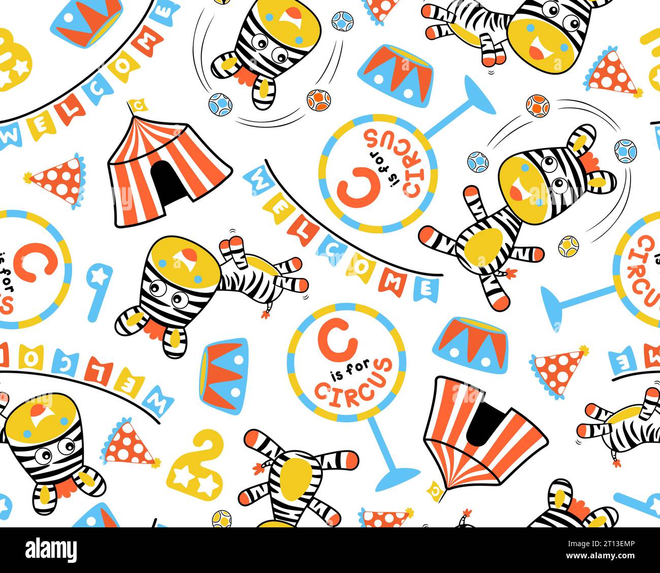Nahtloser Mustervektor von Zirkuselementen Cartoon mit lustigem Zebra. Stock Vektor