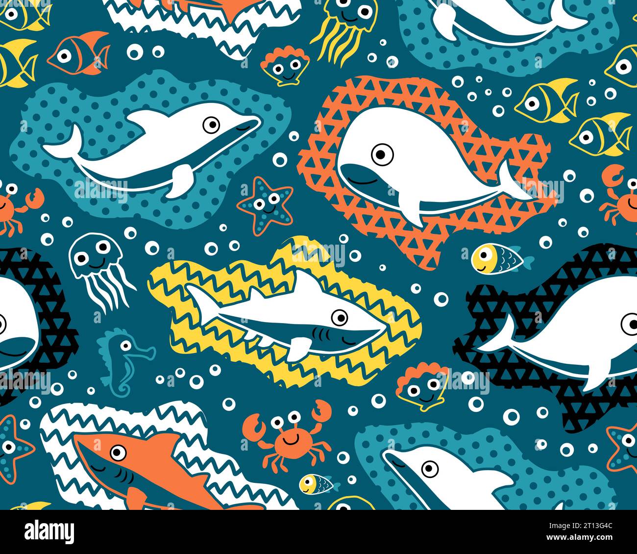 Nahtloser Mustervektor mit Meerestieren Cartoon mit bunten Ornamenten Stock Vektor